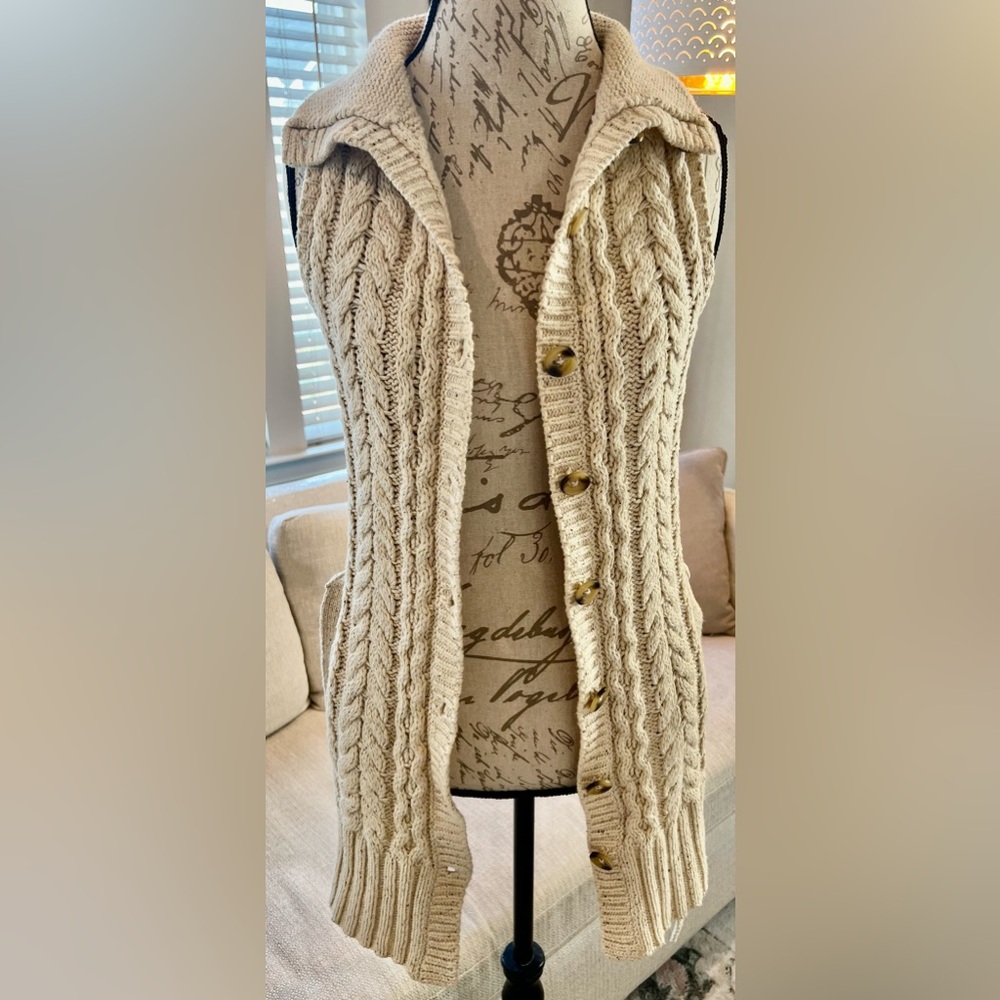 Ann Taylor LOFT Petite (medium) XXSP Cable Knit Mid Length Vest Cotton Wool - Picture 4 of 12